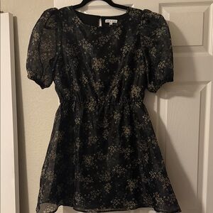 Elegant Black Floral Puff Sleeve Mini Dress